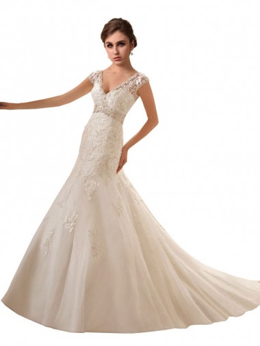 Usine Ivoire Trapèze Col V Tulle Dentelle Robes de mariée