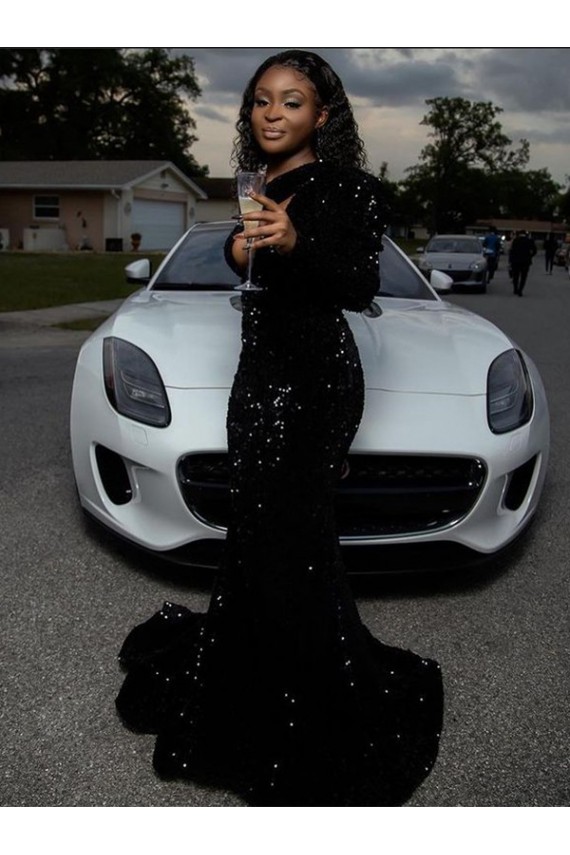 Usine Noir Fourreau Balayage train Paillettes Velours Longue Robes de bal