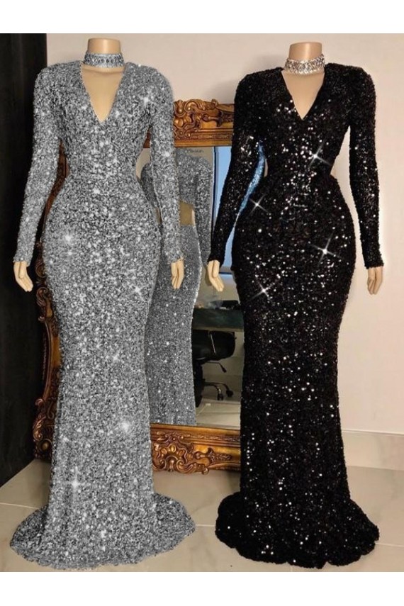 Usine Noir Fourreau Col V Balayage train Paillettes Velours Longue Robes de bal