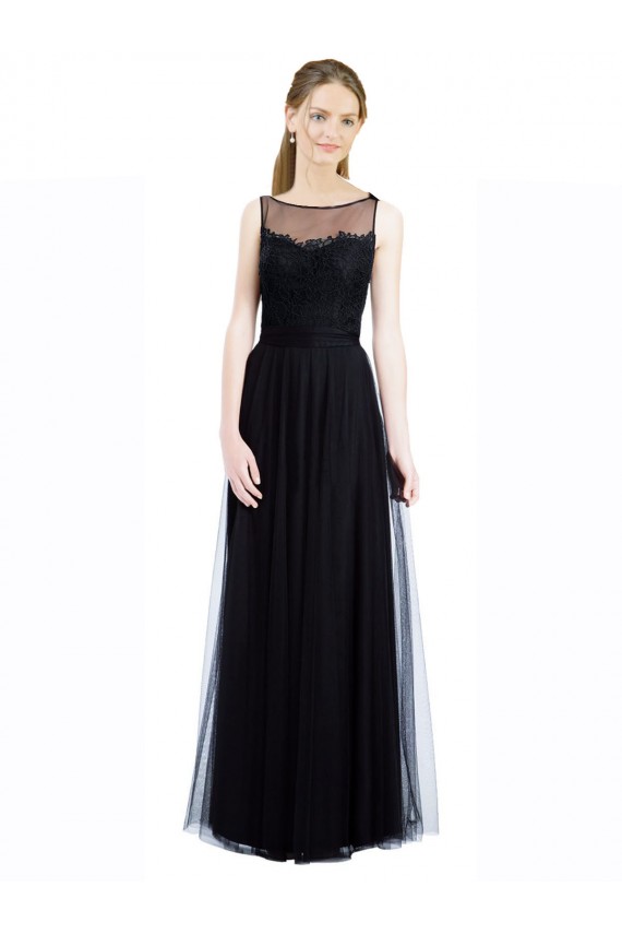 Usine Noir Trapèze Bateau Illusion Tulle Dentelle Longue Robes demoiselle d'honneur