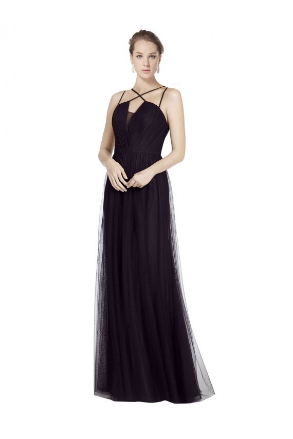 Usine Noir Trapèze Bretelles spaghetti Col Haut Tulle Longue Robes demoiselle d'honneur