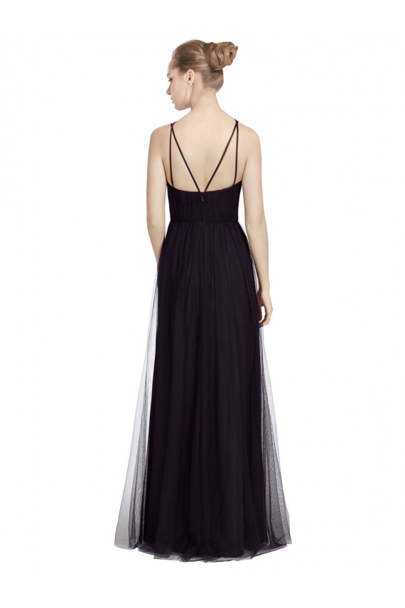 Usine Noir Trapèze Bretelles spaghetti Col Haut Tulle Longue Robes demoiselle d'honneur