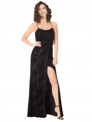 Usine Noir Trapèze Bretelles spaghetti Velours Floral Velours Stretch Longue Robes demoiselle d'honneur