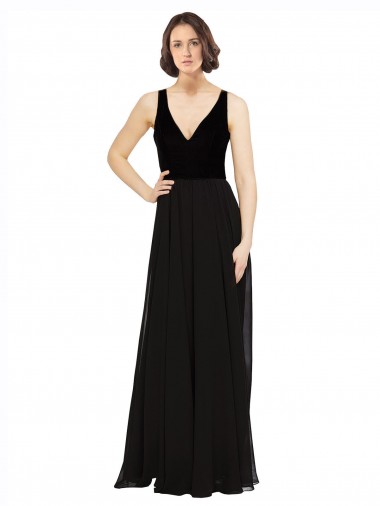Usine Noir Trapèze Col V Mousseline Velours Longue Robes demoiselle d'honneur / Robes de bal