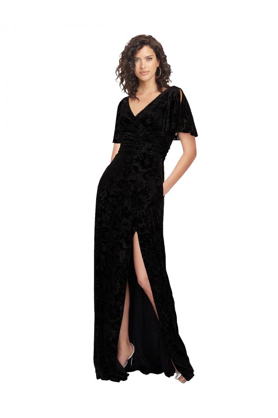 Usine Noir Trapèze Col V Velours Floral Velours Stretch Longue Robes demoiselle d'honneur