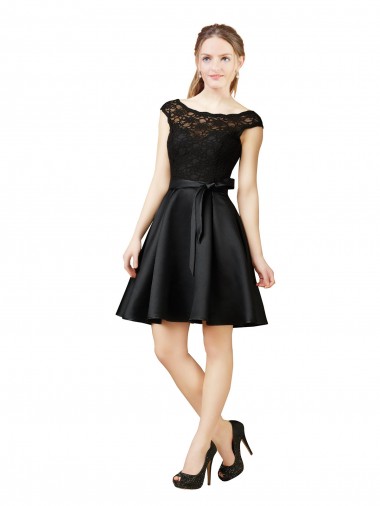 Usine Noir Trapèze Illusion Satiné Dentelle Courte Robes demoiselle d'honneur / Robes de cocktail