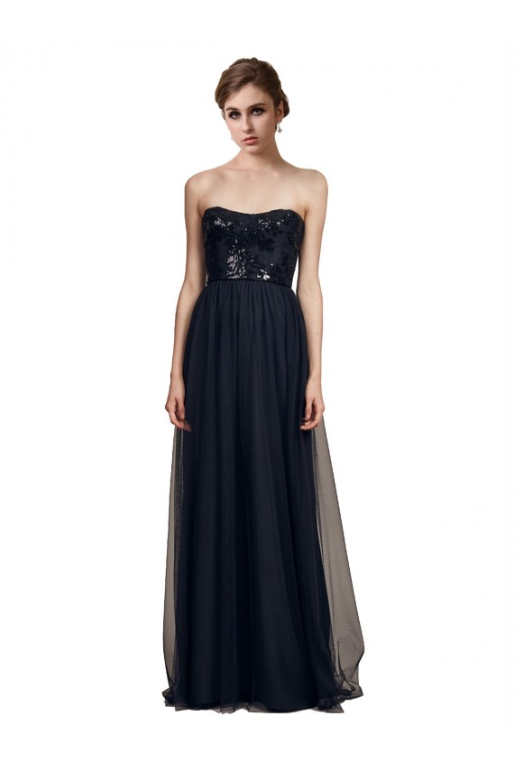 Usine Noir Trapèze Sans bretelle Tulle Longue Robes demoiselle d'honneur