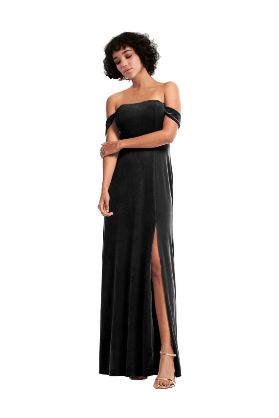 Usine Noir Trapèze Épaule Dénudée Sans bretelle Velours Stretch Longue Formelles Robes demoiselle d'honneur / Robes de soirée / Robes de bal