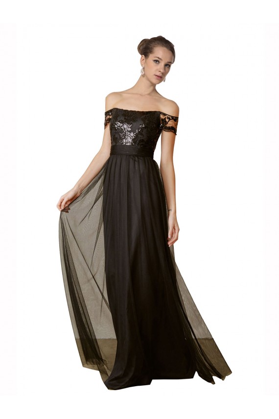 Usine Noir Trapèze Épaule Dénudée Tulle Paillette Longue Robes demoiselle d'honneur