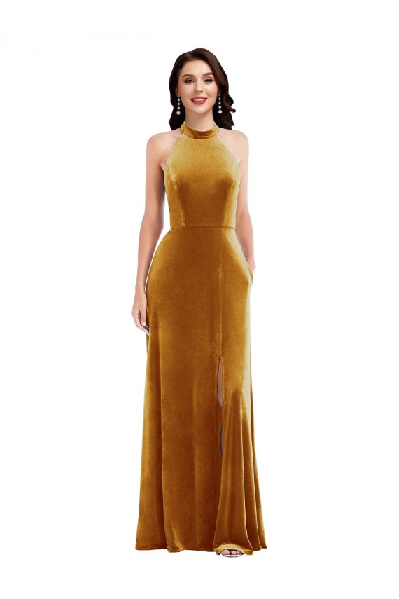 Usine Or Trompette Licou Col Haut Velours Stretch Longue Robes demoiselle d'honneur / Robes de bal