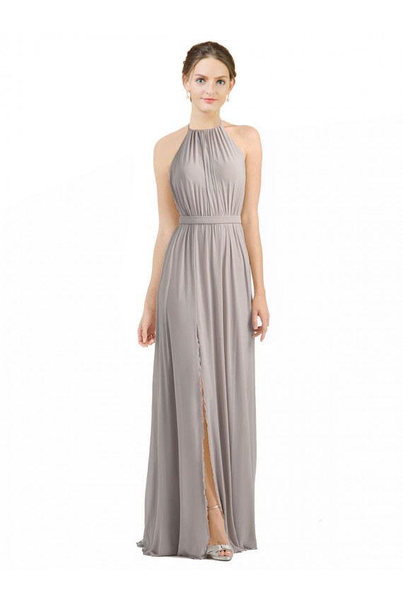Usine Oyster Argent Trapèze Licou Mousseline Longue Robes demoiselle d'honneur