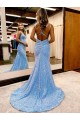 Usine Periwinkle Fourreau Col V Balayage train Paillettes Velours Longue Robes de bal