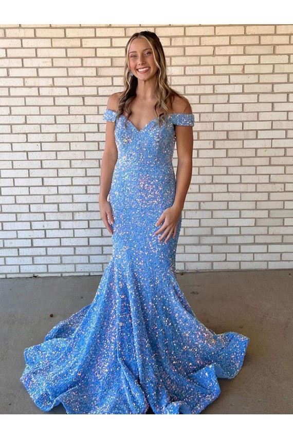Usine Periwinkle Sirène Épaule Dénudée Paillettes Velours Longue Robes de bal