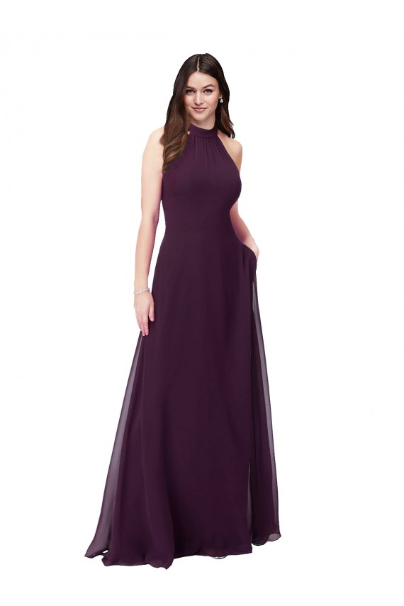 Usine Pourpre Trapèze Licou Col Haut Mousseline Longue Robes demoiselle d'honneur
