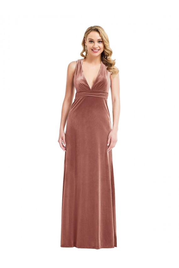 Usine Rose Cannelle Trapèze Col V Velours Stretch Longue Formelles Robes demoiselle d'honneur / Robes de soirée / Robes de bal