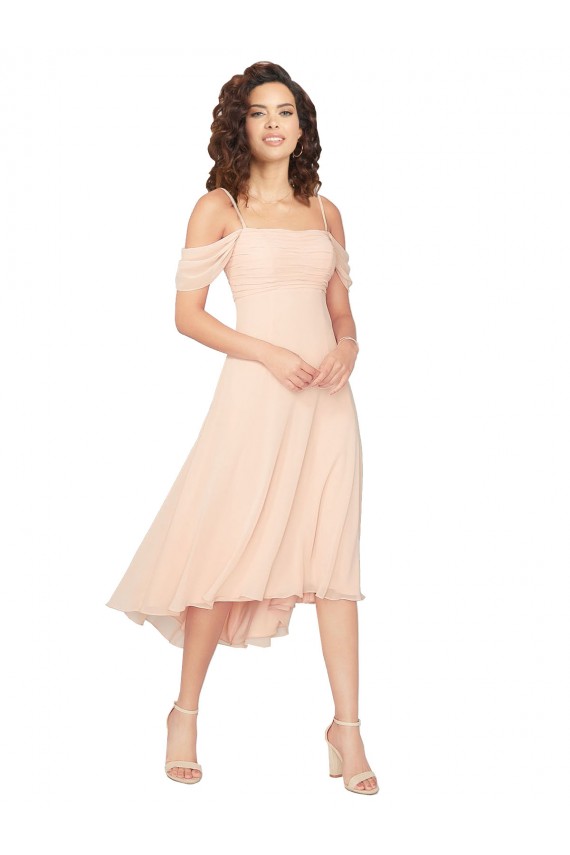 Usine Rose Glacé Trapèze Col Carré midi Mousseline Courte Asymétrique Robes demoiselle d'honneur