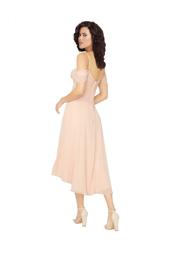 Usine Rose Glacé Trapèze Col Carré midi Mousseline Courte Asymétrique Robes demoiselle d'honneur