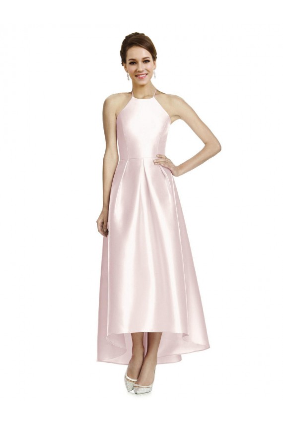 Usine Rose Trapèze Bretelles spaghetti Satiné Longue Asymétrique Robes demoiselle d'honneur