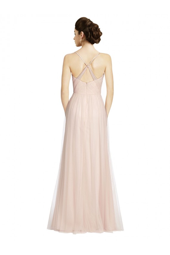 Usine Rose Trapèze Bretelles spaghetti Tulle Longue Robes demoiselle d'honneur