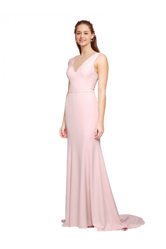 Usine Rose Trapèze Col V Balayage train Crêpe Stretch Longue Robes demoiselle d'honneur / Robes de bal