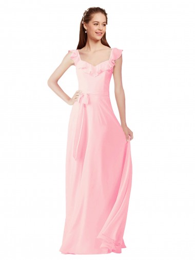 Usine Rose Trapèze Col V Mousseline Longue Robes demoiselle d'honneur