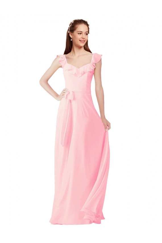 Usine Rose Trapèze Col V Mousseline Longue Robes demoiselle d'honneur