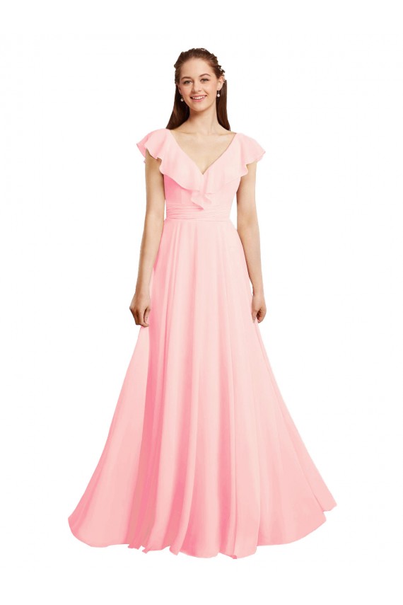 Usine Rose Trapèze Col V Mousseline Longue Robes demoiselle d'honneur