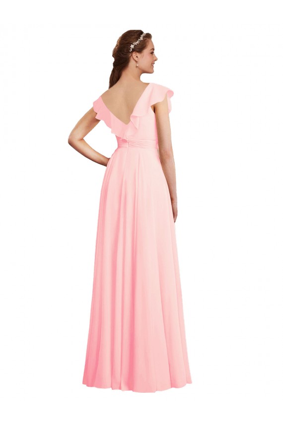 Usine Rose Trapèze Col V Mousseline Longue Robes demoiselle d'honneur