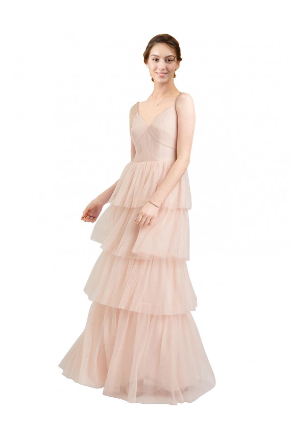 Usine Rose Trapèze Col V Tulle Longue Robes demoiselle d'honneur