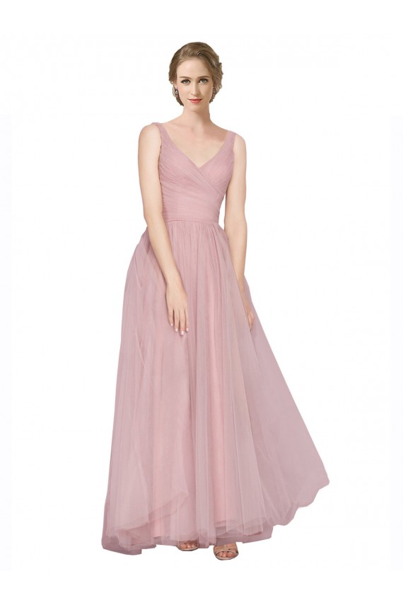Usine Rose Trapèze Col V Tulle Longue Robes demoiselle d'honneur