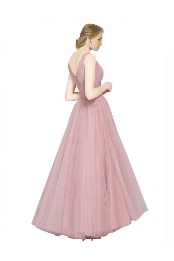 Usine Rose Trapèze Col V Tulle Longue Robes demoiselle d'honneur