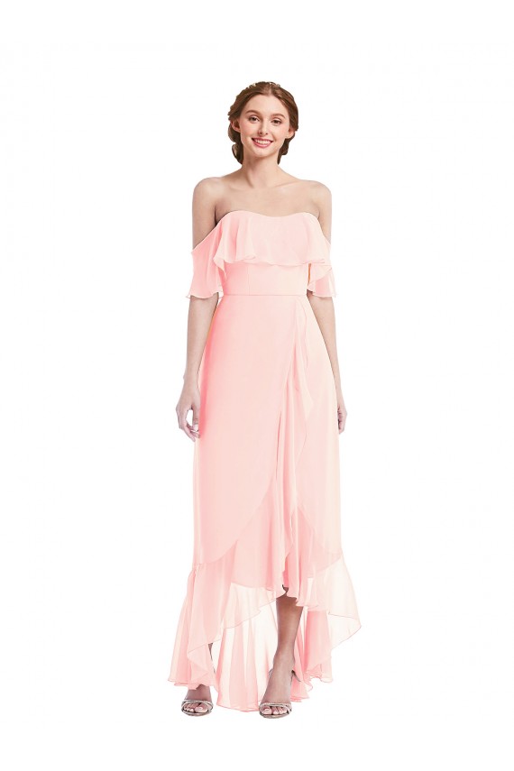 Usine Rose Trapèze Épaule Dénudée Mousseline Longue Asymétrique Robes demoiselle d'honneur