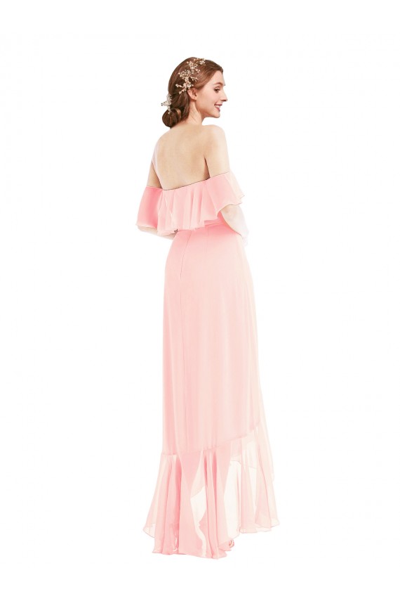 Usine Rose Trapèze Épaule Dénudée Mousseline Longue Asymétrique Robes demoiselle d'honneur