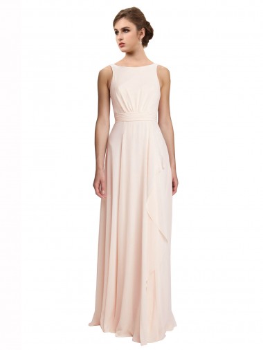 Usine Rose crème Trapèze Bateau Col Haut Mousseline Longue Robes demoiselle d'honneur