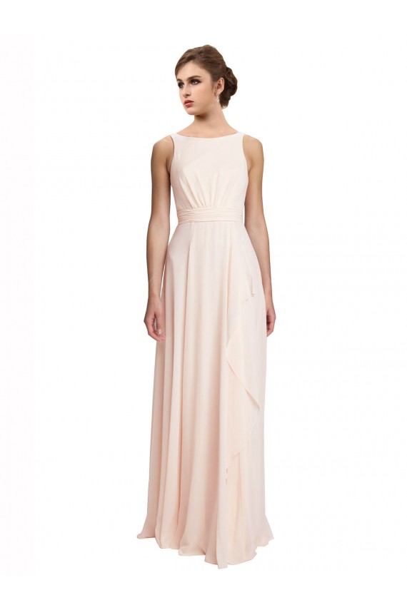 Usine Rose crème Trapèze Bateau Col Haut Mousseline Longue Robes demoiselle d'honneur