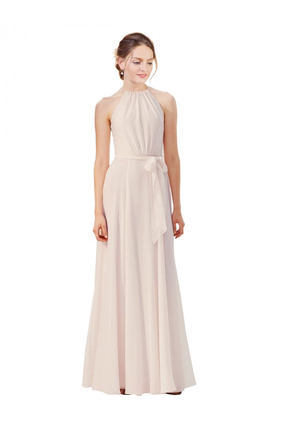 Usine Rose crème Trapèze Bateau Col Haut Mousseline Longue Robes demoiselle d'honneur