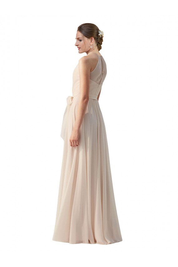 Usine Rose crème Trapèze Bateau Col Haut Mousseline Longue Robes demoiselle d'honneur