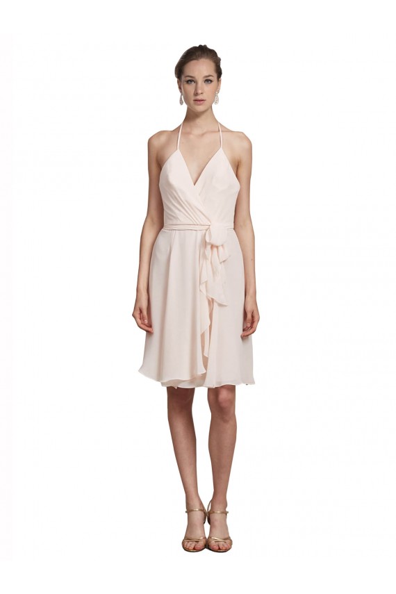 Usine Rose crème Trapèze Licou Col V Mousseline Courte Robes demoiselle d'honneur / Robes de cocktail