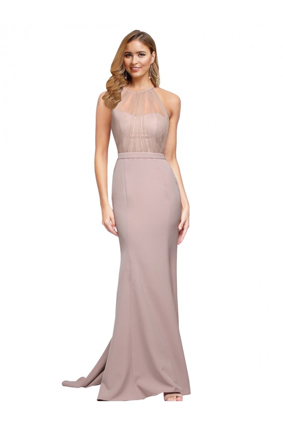 Usine Rose poussiéreux Fourreau Col Haut Balayage train Crêpe Stretch Longue Formelles Robes demoiselle d'honneur / Robes de soirée / Robes de bal
