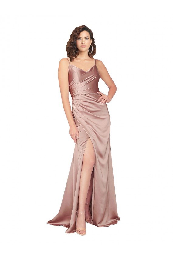 Usine Rose poussiéreux Fourreau Col V Satiné Soyeux Longue Formelles Robes demoiselle d'honneur / Robes de soirée / Robes de bal