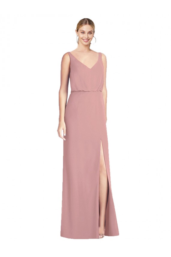 Usine Rose poussiéreux Sirène Col V Mousseline Longue Robes demoiselle d'honneur