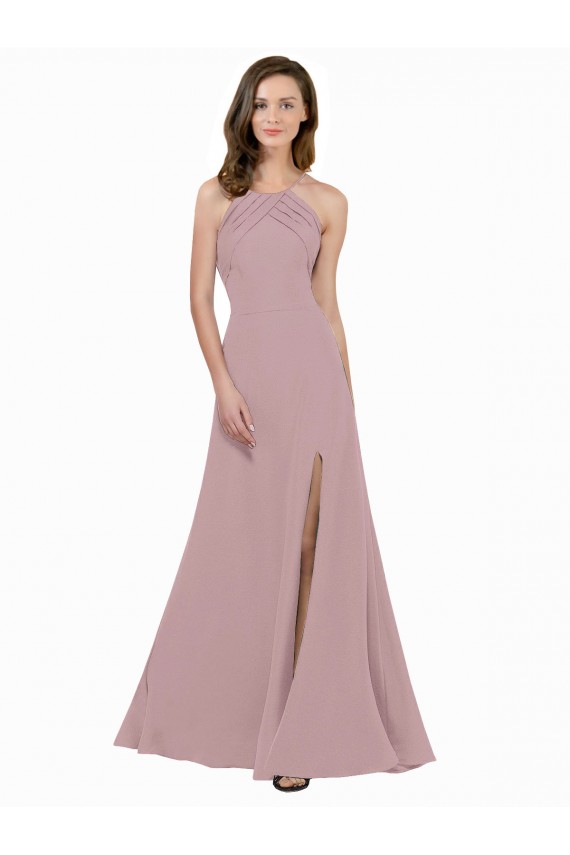 Usine Rose poussiéreux Trapèze Col bijou Col Haut Crêpe Stretch Longue Robes demoiselle d'honneur / Robes de bal