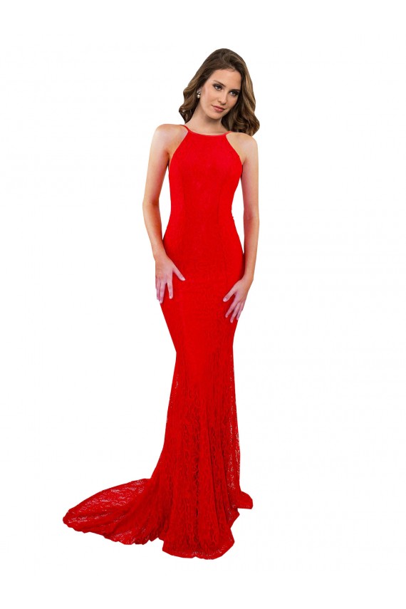 Usine Rouge Sirène Col Haut Dentelle Longue Formelles Robes demoiselle d'honneur / Robes de soirée / Robes de bal