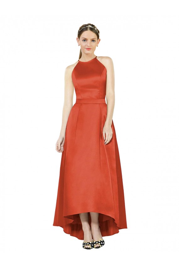 Usine Rouge Épice Trapèze Licou Satiné Longue Asymétrique Robes demoiselle d'honneur