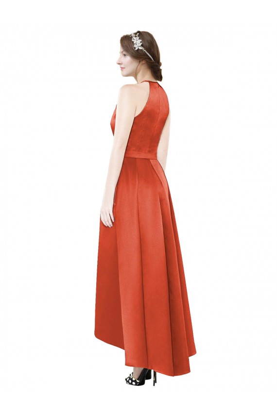 Usine Rouge Épice Trapèze Licou Satiné Longue Asymétrique Robes demoiselle d'honneur