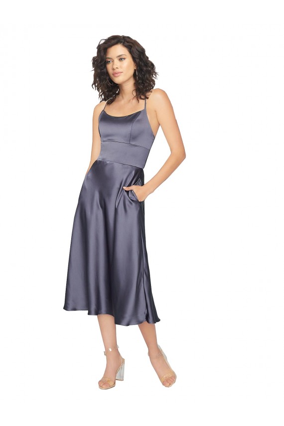 Usine Trapèze Scoop midi Satiné Soyeux Courte Robes demoiselle d'honneur / Robes de bal / Robes de cocktail