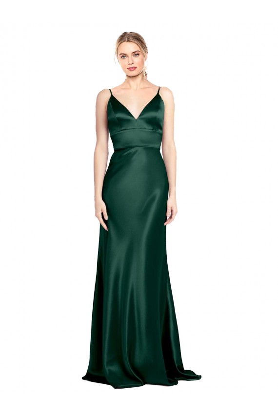 Usine Vert Chasseur Fourreau Bretelles spaghetti Col V Satiné Stretch Longue Formelles Robes demoiselle d'honneur / Robes de soirée / Robes de bal