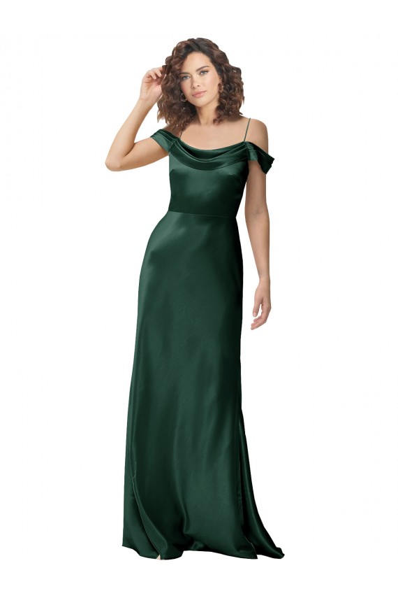 Usine Vert Chasseur Trapèze Épaule Dénudée Bretelles spaghetti Satiné Stretch Longue Formelles Robes demoiselle d'honneur / Robes de soirée / Robes de bal