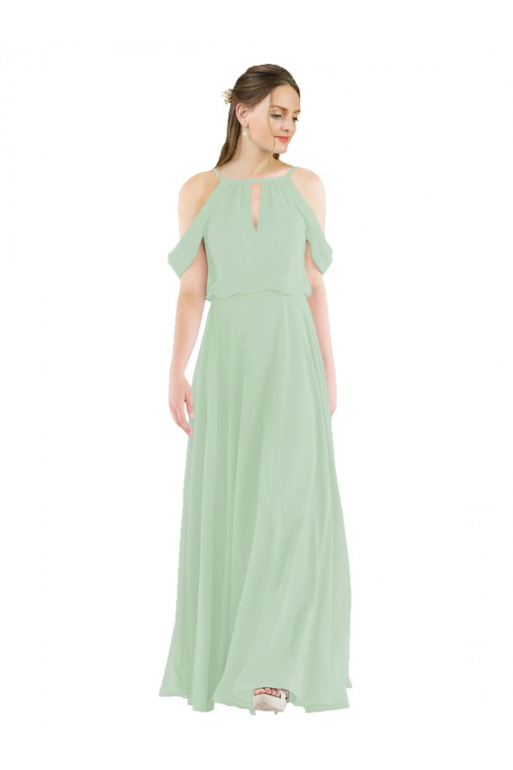 Usine Vert Sauge Fourreau Épaule Dénudée Mousseline Longue Robes demoiselle d'honneur