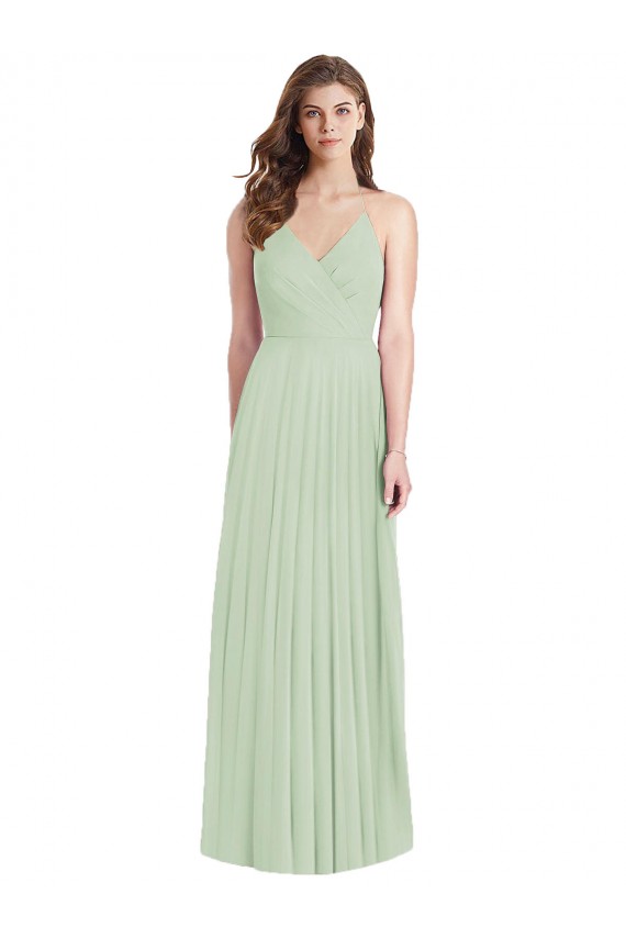 Usine Vert Sauge Trompette Bretelles spaghetti Col V Mousseline Longue Robes demoiselle d'honneur